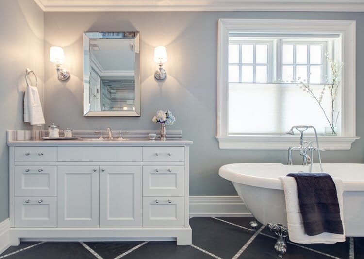 Frahm Interiors Wayfair grey white traditional bathroom