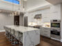white quartz countertops, waterfall kitchen countertop